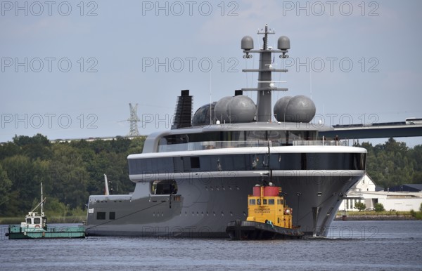 Superyacht COSMOS is undocked from the Lürssen shipyard, Kiel Canal, Kiel Canal, Kiel Canal, Rendsburg, Schleswig-Holstein, Germany