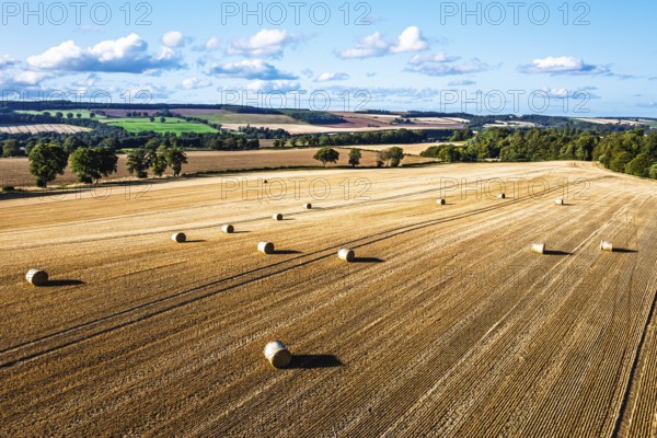 Straw bales in the Scottish fields from a drone, Southeast Scotland, UK