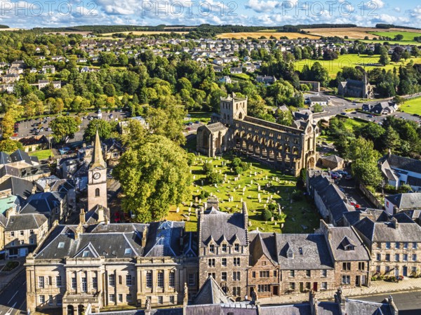 Jedburgh Abbey from a drone, Augustinian Abbey, Jedburgh, Scottish Borders, Scotland, UK