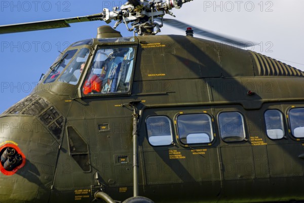 A Sikorsky S-58C transport helicopter in the colours of the German Army with the registration D-HAUG during a flight demonstration as part of an air show at the Rossfeld in Metzingen-Glems, Baden-Württemberg, Germany, for editorial use only