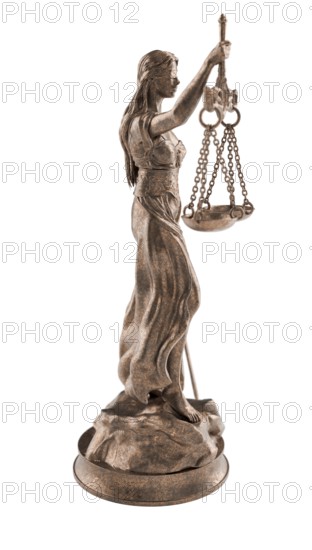 Bronze lady of justice statue isolated on a white background