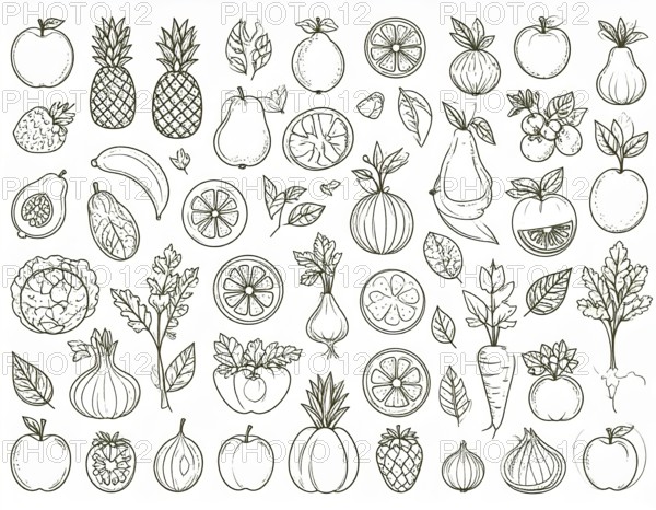 Spring and summer fruit and vegetable element set, vector illustration, AI generated