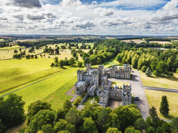 Floors Castle and garden from a drone, Duke of Roxburghe, Roxburghshire, Scotland, UK