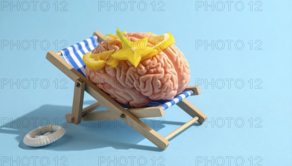 Brain relaxes on a sunbed under the summer sun, placed on a flat surface, symbol for mental health, AI generated