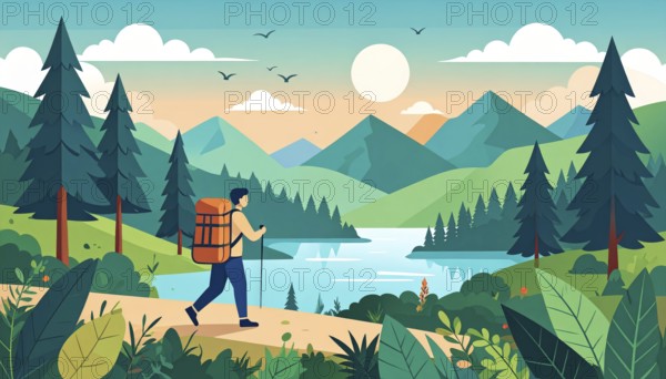 Traveling and hiking in mountain landscape, abstract vector illustration, AI generated image