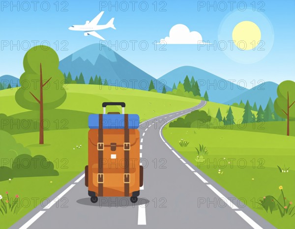 Traveling and hiking in mountain landscape, abstract vector illustration, AI generated image