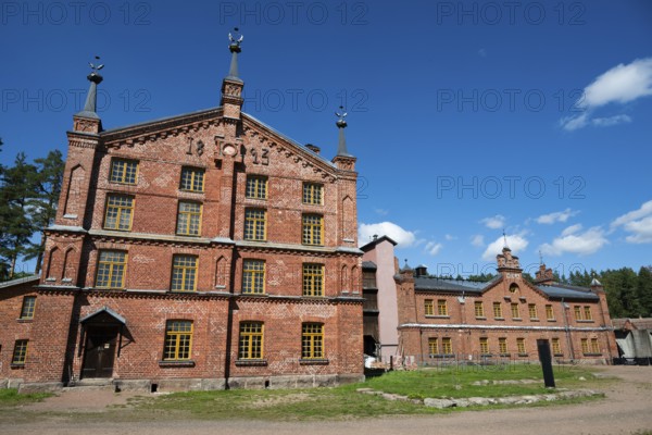 Brick building, former paper factory and mill for the production of groundwood pulp board, UNESCO World Heritage Site Verla Factory Village, Maailmanperintökohde Verlan puuhiomo ja pahvitehdas, Verla Rapids, Kymenlaakso, near Kouvola, Finland