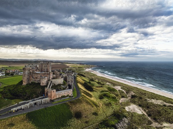 Bamburgh Castle from a drone, Northumberland, Northeast Coast, England, United Kingdom
