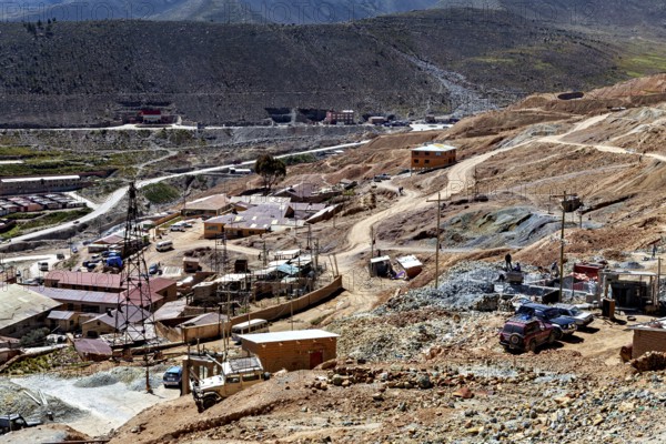 Extensive mining area with buildings and roads in a dry, barren landscape, The silver mines of Potosi Bolivia