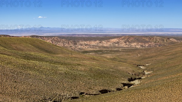 Vast desert landscape with extensive vegetation and hills, The landscape of the Altiplano in Bolivia