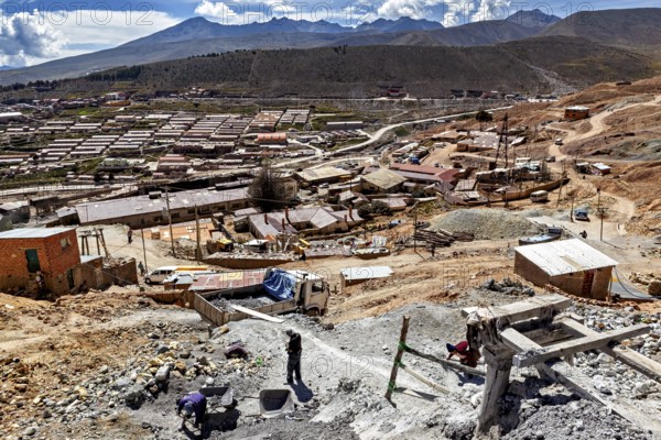 View of a mining area with scattered buildings in a dry, wide landscape, The silver mines of Potosi Bolivia