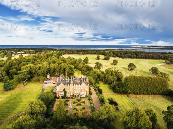Tyninghame House over River Tyne from a drone, East Lothian, Scotland, UK