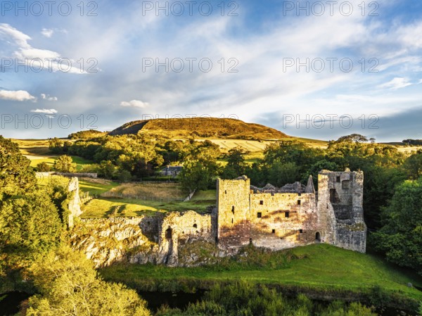 Ruins of Hailes Castle over River Tyne from a drone, East Linton, East Lothian, Scotland, UK