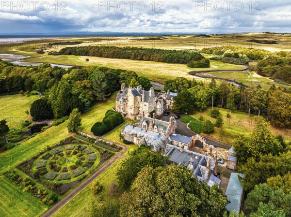 Luffness Castle from a drone, Aberlady, East Lothian, Scotland, UK