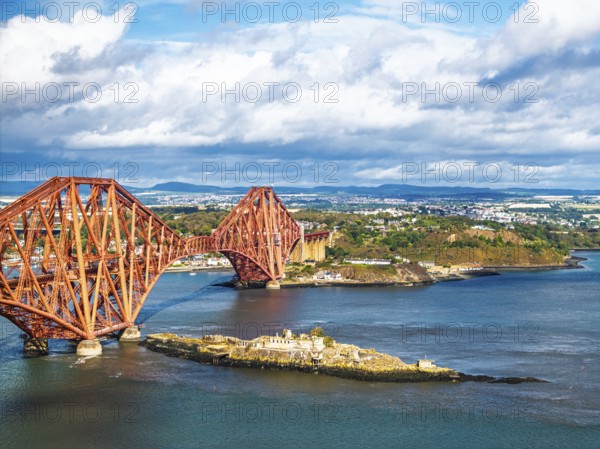 Inch Garvie Castle from a drone, Forth Bridge, Queensferry Crossing, Forth Estuary, Scotland, United Kingdom