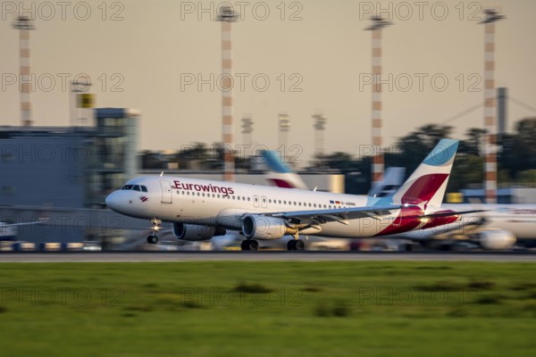 Eurowings Airbus lands at Düsseldorf Airport, North Rhine-Westphalia, Germany