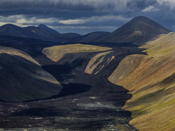 Lava, lava field, summer, cloudy, sunny, aerial view, Fagradalsfjall, Reykjanes, Iceland