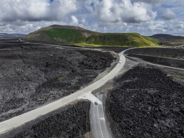 Lava, lava field, road, destroyed, summer, cloudy, sunny, aerial view, Blue Lagoon, Sundhnúkur crater series, Fagradalsfjall, Reykjanes, Iceland