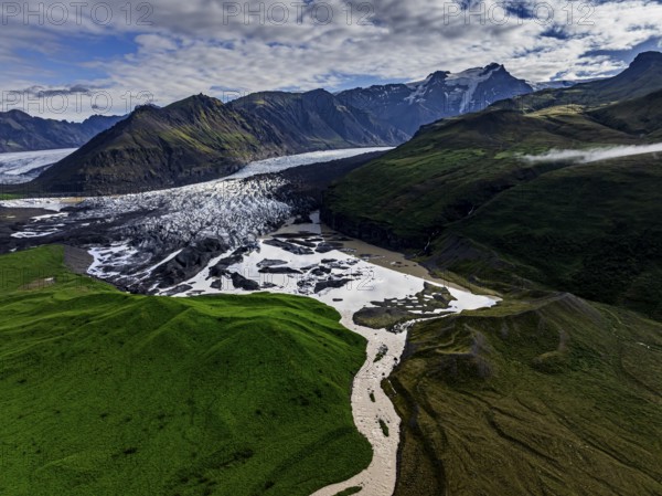 Ice floes, glacier, glacier tongue, glacier lake, sunny, cloudy, morning mood, mountains, reflection, aerial view, summer, Svinavellsjökull, Skaftafell, Vatnajökull National Park, Iceland