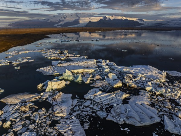 Ice floes, glacier, glacier tongue, fog, clouds, morning mood, mountains, reflection, aerial view, summer, glacier lagoon, Jökulsarlon, Vatnajökull, Iceland