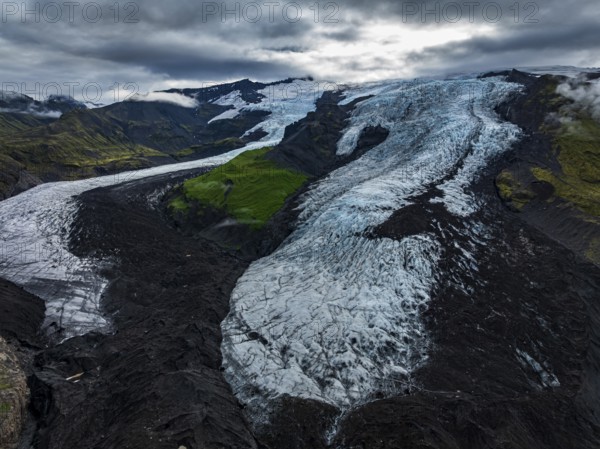 Glacier, glacier tongue, mountains, cloudy, summer, aerial view, Fjalljökull, Skaftafell, Iceland