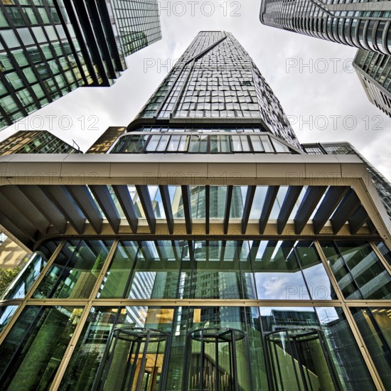 Frog's-eye view of the skyscrapers in the banking district, Four Frankfurt, Frankfurt am Main, Hesse, Germany