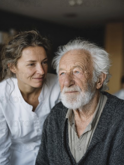 A young carer lovingly looks after a senior in a retirement home, nursing home, symbolic image for elderly care, need for care, need for protection, nursing home, nursing staff, care, care for the elderly, dementia, Alzheimer's, loneliness, isolation, loss, old age, AI generated