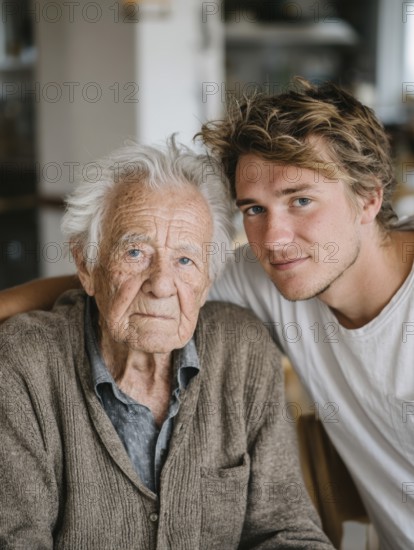 A young carer lovingly looks after a senior in an old people's home, nursing home, symbolic image for care for the elderly, need for care, need for protection, nursing home, nursing staff, care, care for the elderly, dementia, Alzheimer's, loneliness, isolation, loss, old age, AI generated