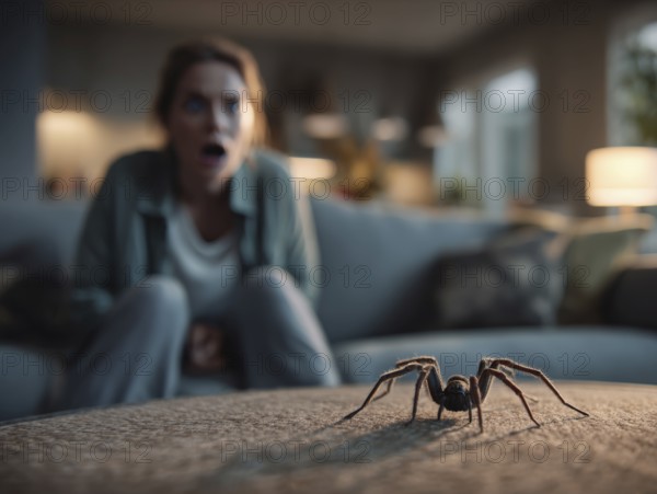A spider on a table in the foreground, woman in the background visibly shocked, symbolic image for spider fear, arachnophobia, AI generated, AI generated