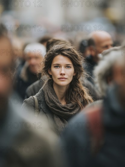 A woman stands in the middle of a crowd, symbolising mental health, stress in the big city, loneliness, social isolation, personal development, AI generated, AI generated