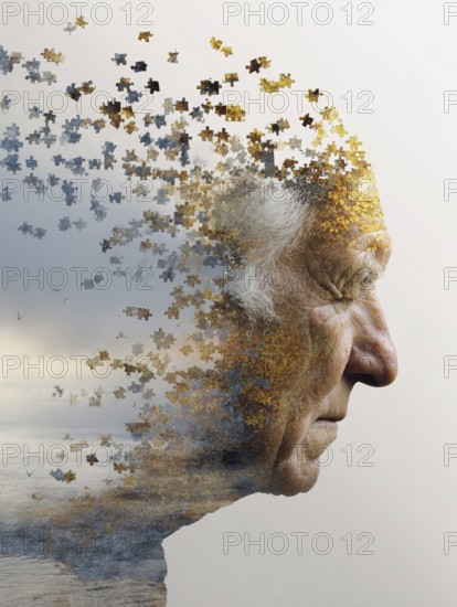 Double exposure of an elderly man and decaying parts of a landscape, symbolic image for memory loss, loss of identity, dementia, Alzheimer's, thoughtfulness, mental health, loss, ageing, fragility, old age depression, depression, AI generated