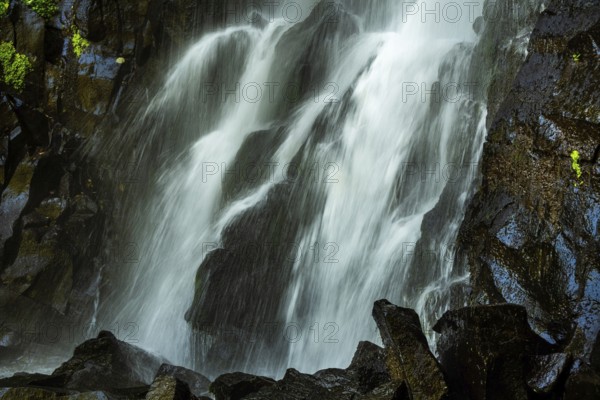 Vaucoux waterfall cascades gracefully over dark rocks, surrounded by lush greenery, Auvergne Volcanoes Regional Park, Puy de Dome., Auvergne-Rhone-Alpes, France