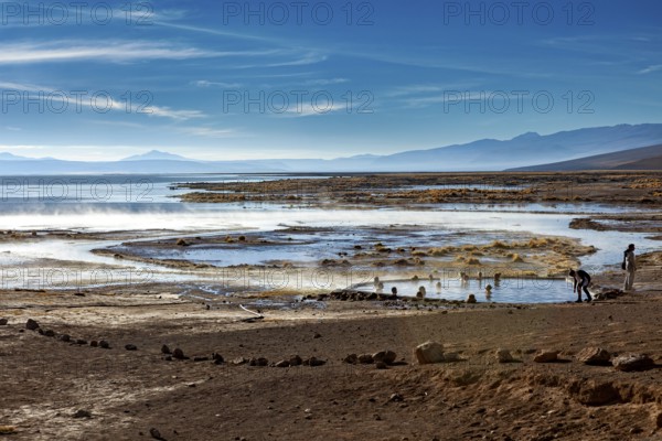 Landscape with hot springs and people, surrounded by beautiful nature, The thermal springs of Polques in Bolivia