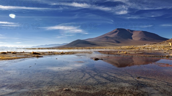 Majestic mountains reflected in calm waters under clear skies, The thermal springs of Polques in Bolivia