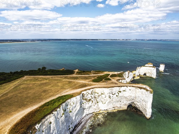 White Cliffs of Old Harry Rocks Jurassic Coast from a drone, Handfast Point, Dorset Coast, Poole, Dorset, England, United Kingdom