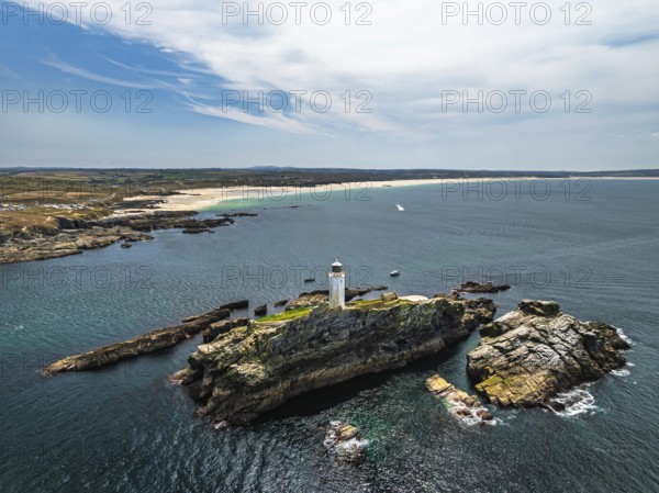 Godrevy Lighthouse from a drone, Godrevy Island, St Ives Bay, Cornwall, England, United Kingdom