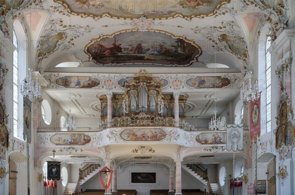 Interior photo, organ, organ loft, Catholic parish church of St Ulrich, Rococo, Seeg, Ostallgäu, Allgäu, Swabia, Bavaria, Germany