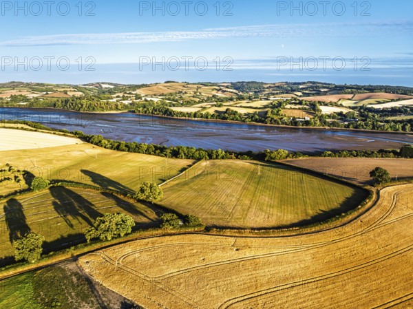 Farms and Fields over River Teign and Teignmouth Road from drone, Newton Abbot, Devon, England, United Kingdom