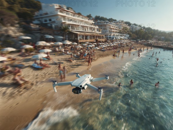 Ein Fernpilot steuert sein Quadrocopter, Drohne über einen dicht besetzten Badestrand, um illegale Videoaufnahmen oder Fotos zu erstellen, Symbolbild für unbefugtes Fotografieren von Personen, innerhalb eines geschützten, abgeschirmten Bereiches, Verletzung der Privatsphäre, Persönlichkeitsrechte, Missachtung von Flugverbotszonen, Flugverbot über Menschenmengen, Versammlungen, Datenschutz, AI generated