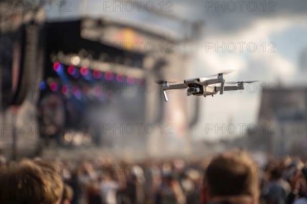 Ein Fernpilot steuert sein Quadrocopter, Drohne illegal über ein Open-Air Musik Konzert mit vielen Menschen, Symbolbild für illegaler Drohnenbetrieb über Menschenmengen, Missachtung von Flugverbotszonen, kritische Infrastruktur, Flugverbot, Betriebsverbot, Persönlichkeitsrechte, Eigentumsrechte, Urheberrechte, AI generiert, AI generated