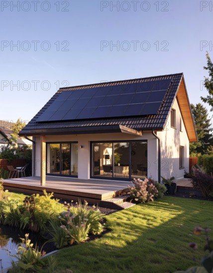 Residential house with solar panels on the roof, beautiful sunrise, AI generated