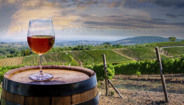 Glass of 10-year-old tawny wine placed on a barrel in a vineyard restaurant, AI generated