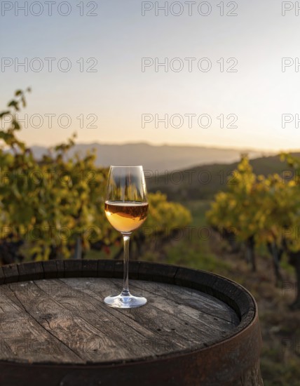 Glass of 10-year-old tawny wine placed on a barrel in a vineyard restaurant, AI generated