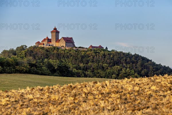 Castle on a wooded hill above a golden field under a clear sky, The Wachsenburg in Thuringia near Erfurt