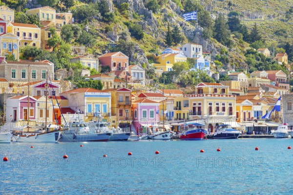 View of Gialos Harbour, Gialos, Symi Island, Dodecanese Islands, Greece