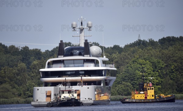 The new superyacht COSMOS leaves the Lürssen shipyard near Rendsburg for the Kiel Canal, Kielkanal, Kiel Canal, Schleswig-Holstein, Germany