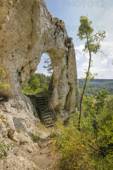 Teufelstorffelsen, Jura rock, gate-like breakthrough, stairs, natural monument between Gammertingen and Hettingen, Zollernalbkreis, Swabian Alb, Baden-Württemberg, Germany
