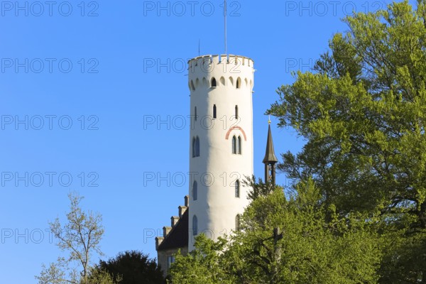 Lichtenstein Castle, fairytale castle of Württemberg, romantic fairytale castle on the eaves of the Swabian Alb, historicism, architecture, new building 1840-1842, according to plans by architect Carl Alexander Heideloff, 19th century, Honau, municipality of Lichtenstein, Baden-Württemberg, Germany
