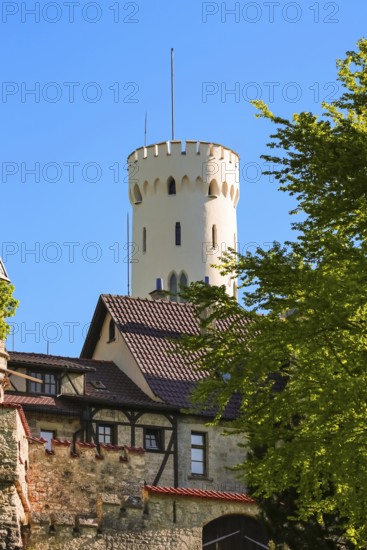 Lichtenstein Castle, fairytale castle of Württemberg, romantic fairytale castle on the eaves of the Swabian Alb, historicism, architecture, new building 1840-1842, according to plans by architect Carl Alexander Heideloff, 19th century, Honau, municipality of Lichtenstein, Baden-Württemberg, Germany
