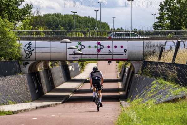 Rijnwaalpad long-distance cycle path, near the village of Elst, subway of the A15 motorway, wide cycle path, mostly crossing-free, 15.8 km long cycle path leads from Arnhem to Nijmegen on the Waal, Netherlands